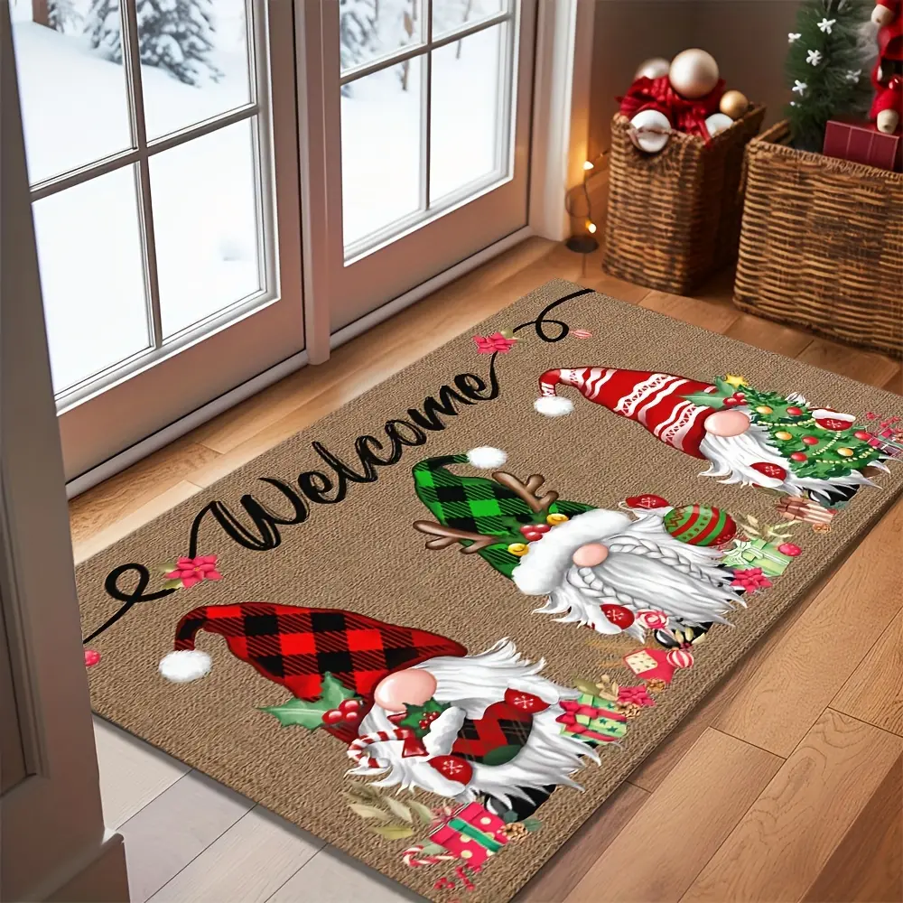 Festive Christmas Gnome Welcome Doormat – 6mm thick with non-slip rubber backing; features a gnome in a plaid hat and seasonal motifs; durable polyester winter home décor and Christmas gift; machine-washable rug.