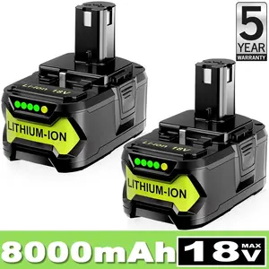 2Pack 8.0Ah High Capacity Replacement for Ryobi 18v Battery  with LED Indicator Compatible with Lithium Battery P102 P103 P104 P105 P107 P109