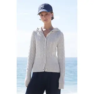 John Galt Women's Light Gray Cable Knit Button Down Hooded Sweater