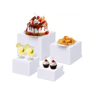 4Pcs Acrylic Buffet Risers, 7+8+9+10 Inch White Buffet Riser Food Display Stand With Hollow Bottoms, Easy To Clean Cube Dessert Stand Decor For Catering Dessert