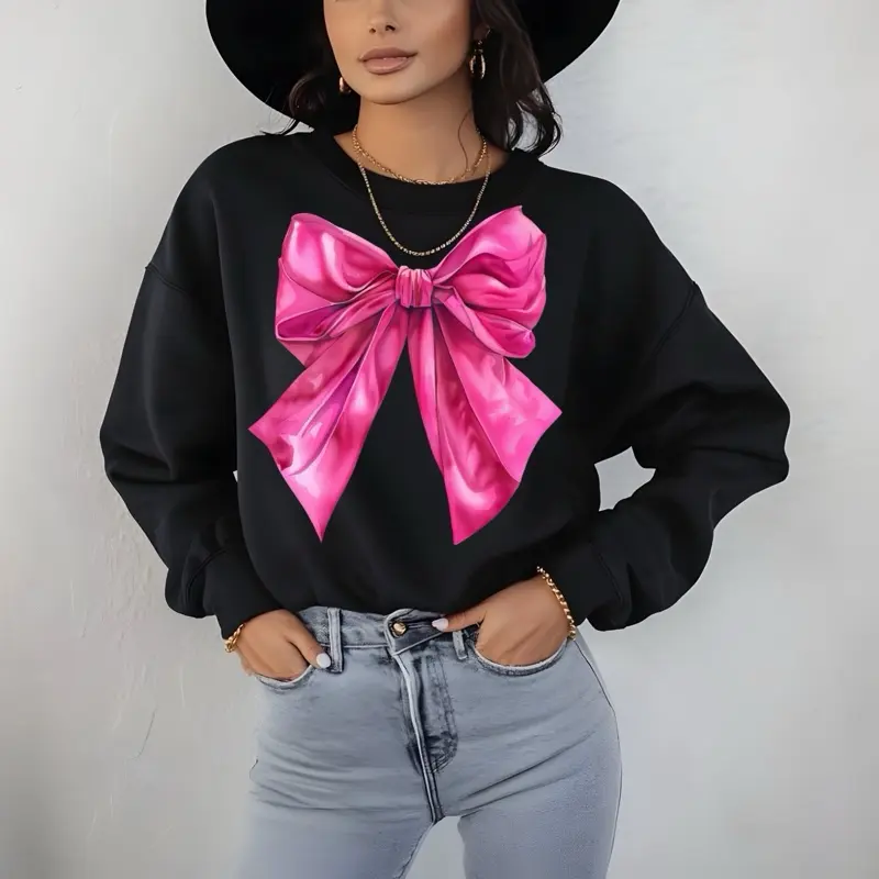 Large Fuchsia Satin Bow   T-Shirt or Crewneck Sweatshirt love casual comfortable super soft relaxed fit unisex Sizing womenswear Streetwear Long Sleeve Top