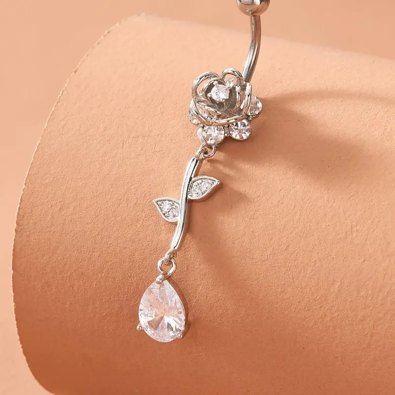 Women's Elegant Rhinestone Rose Design Belly Button Ring, Trendy Exquisite Belly Piercing Ring, Fashionable Body Jewelry for Crop Top Decor, High Quality Jewelry, Body Jewellery