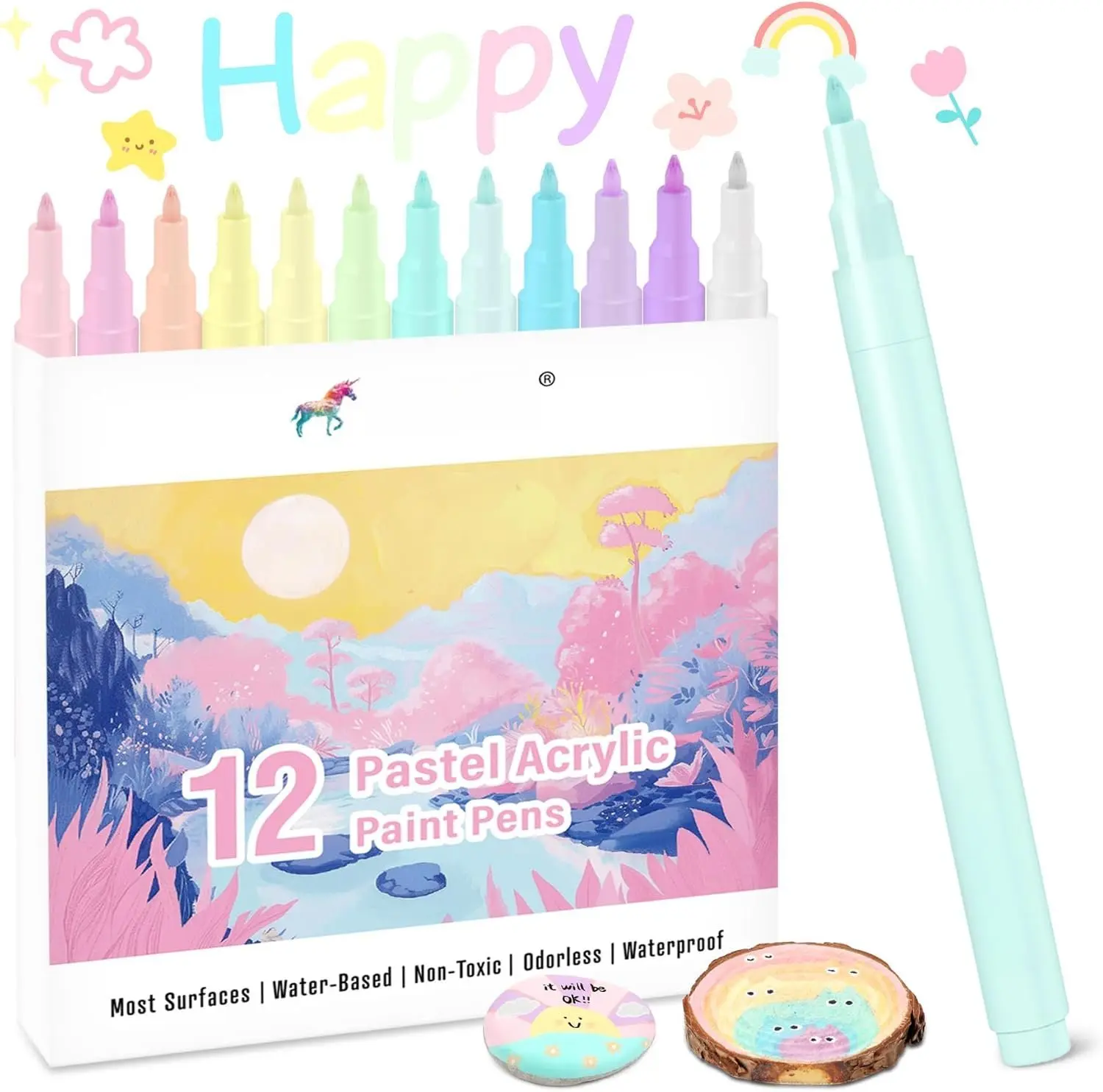 12 Colors Pastel  Markers, 0.7mm Extra Fine Tip Soft  Pens for Crafts, Adult Coloring, and DIY Projects on Paper, , Rock, Glass and Fabric