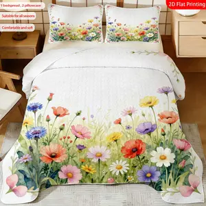 3 pcs, 2D flat print Watercolor Floral bed cover set, multiple sizes available, bedding set, All Season Bedding, festive decorative bedding, ideal for bedroom décor(1 bedspread , 2 pillowcase)