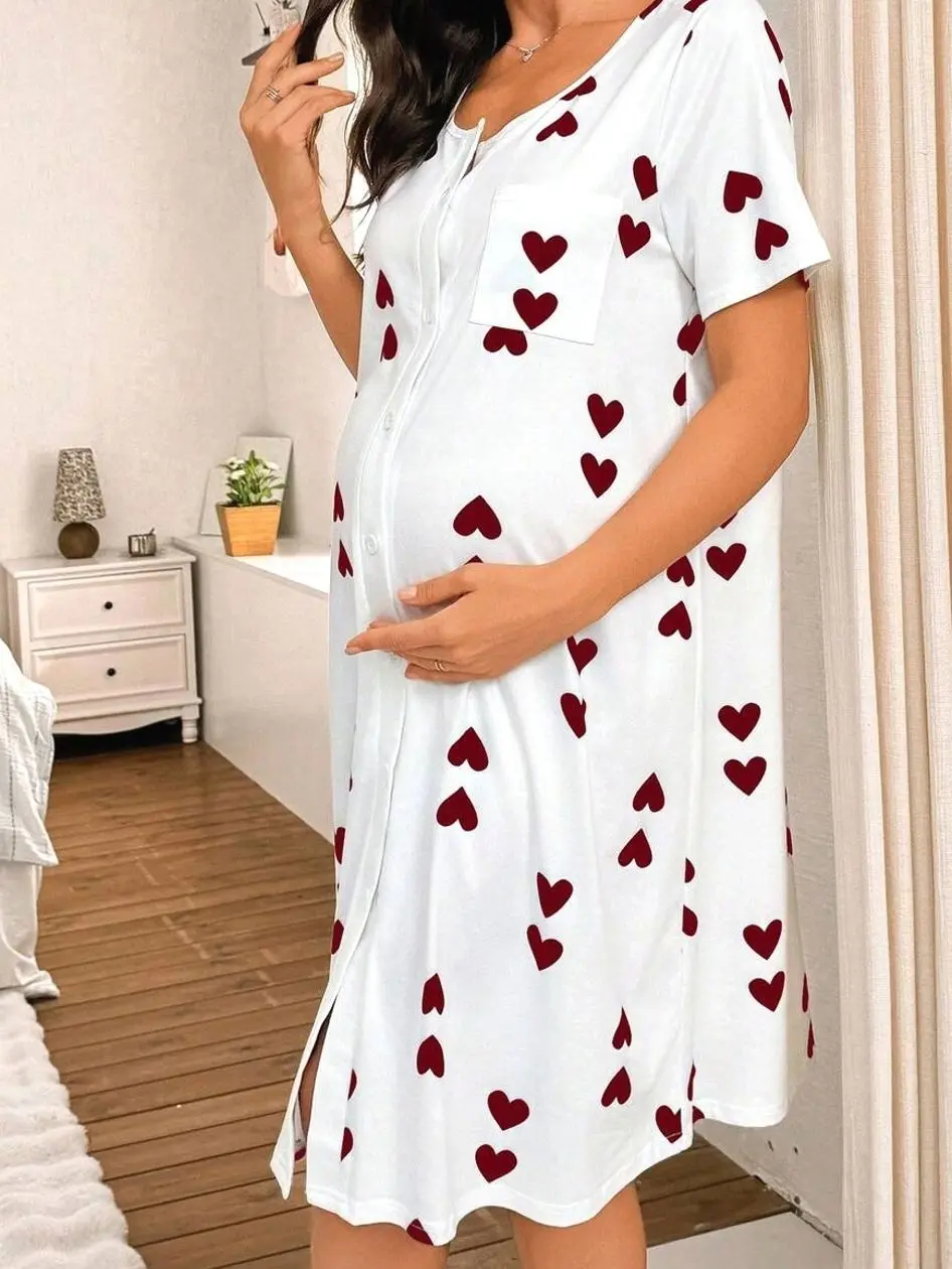Moo Moo Long Knitted Maternity Nightgown With Round Neck Casual Heart  Pattern Design White Summer Night Gown - TikTok Shop