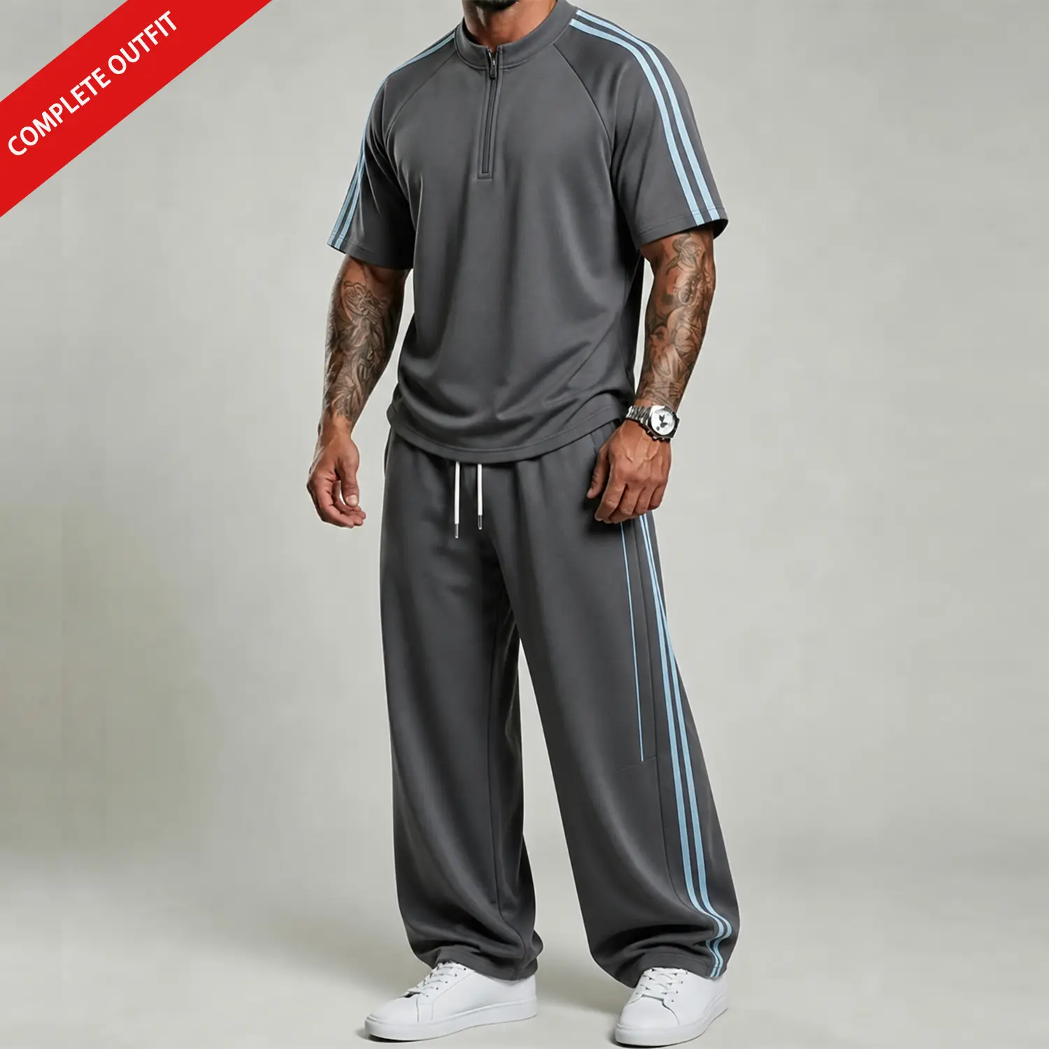 Men’s set featuring panel construction with side stripe design; casual loose short-sleeve top and long pants with an elastic waistband, suitable for gym workouts and everyday wear—casual sportswear.