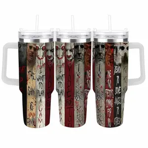 Horror Movie Characters Car Cup Bloody Lettering Print Stainless Steel Double Wall Tumbler (40oz/30oz/20oz) Leakproof Insulated Mug for Halloween Party Scary Movie Night Horror Fans Gift Office and Travel Use