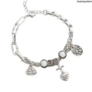 Unisex Cold Wind Chain Bracelet with Charms - Cross Motif, Geometric Links, Love-Theme Retro Hip-Hop Jewelry, Casual Anniversary Gifting Accessory