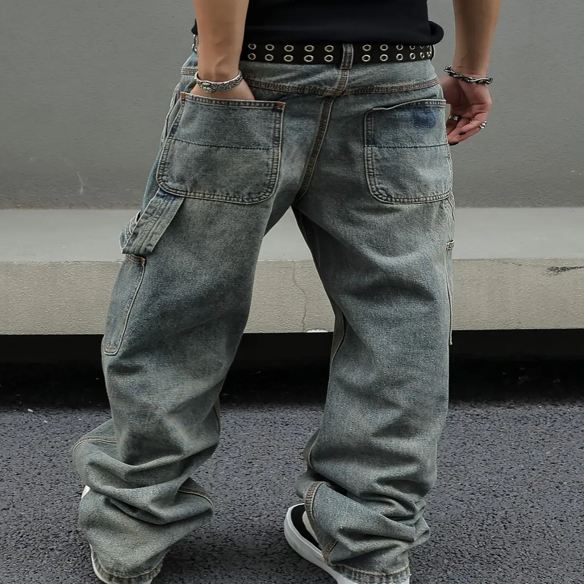 Men's Vintage Carpenter Jeans - Y2K Streetwear Loose Fit Wide Leg Cargo Denim with Geometric Pattern, Mid-Rise, Machine Washable & Super-Long Length for All-Season Casual Wear, Urban Fashion, Retro Style, Classic Wash, Style