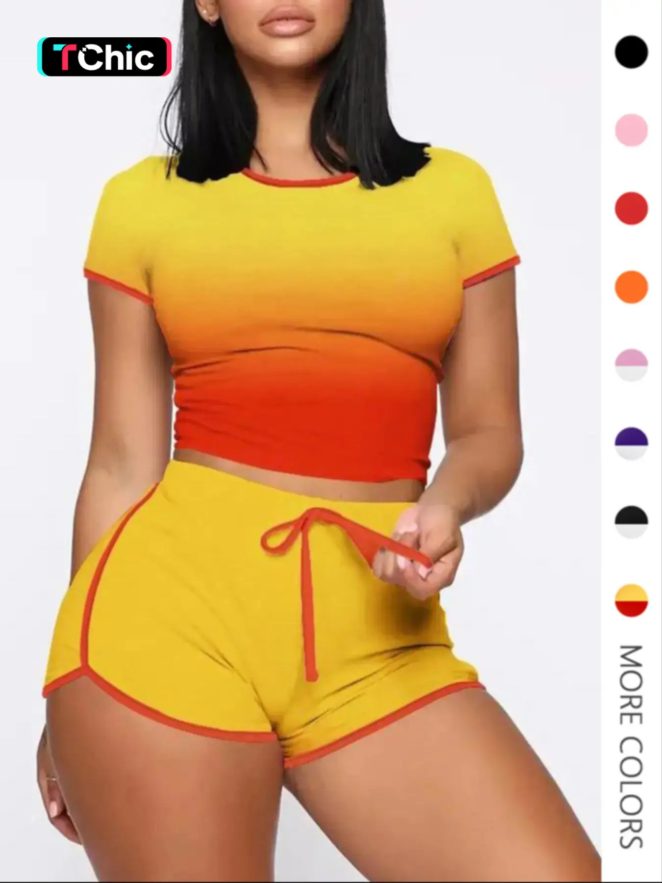 Two-piece Set Women's Contrast Binding Crop Top & Drawstring Waist Shorts Two-piece Set, Comfort Round Neck Short Sleeve Top & Shorts, Matching Clothi