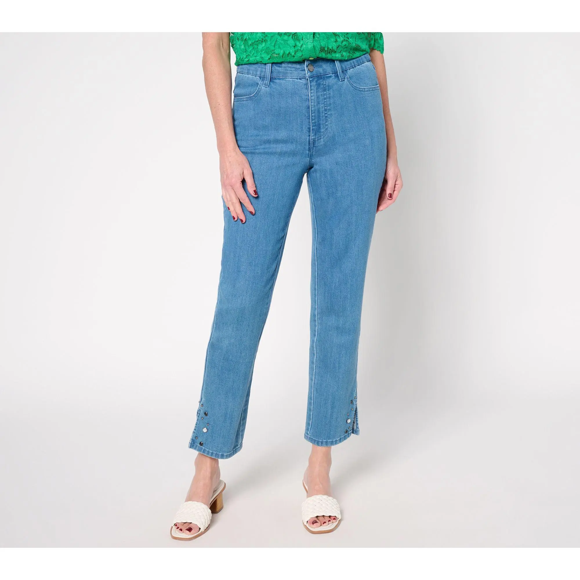 Susan Graver Regular Straight Leg Ankle Jean w/ Embellished Hem