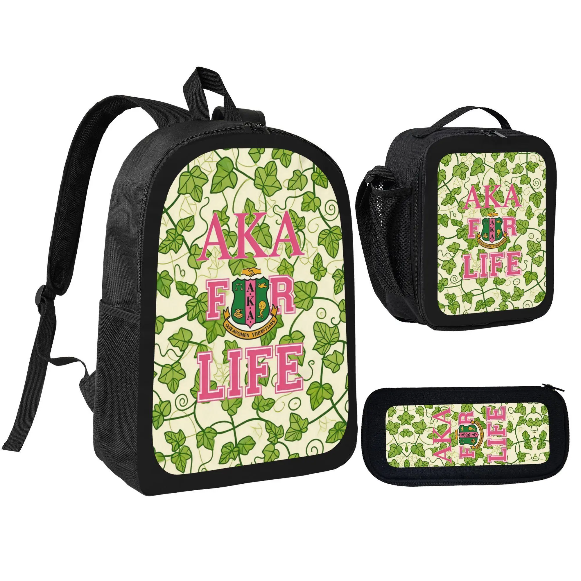 [3Pcs Backpack Set] Aka For Life Pink Text Green Ivy Leaves Crest with Lunch Bag Pencil Pouch School Bag For Sorority Sisters College Students Daily Use