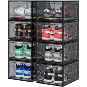 8 pack thicken clear shoe boxes organizer with magnetic door stackable storage boxes for shoes boot sneaker harder plastic shoe storage stackable shoe boxes for closet shoes wall black