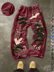 New Traditional Crane Embroidered Sweatpants, Vintage Washed Texture, Heavy-Duty Embroidery Details, Casual Loose-Fit, All Seasons, Animal