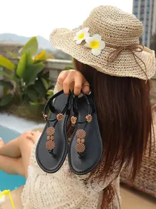 Summer New Bohemian Rhinestone Sandals for Women, Flat Roman Style Beach Shoes, Ethnic Beaded Vacation Slippers