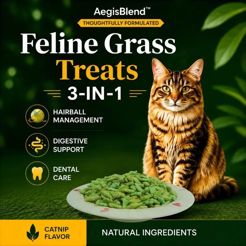 AegisBlend 3-in-1 Dry Cat Food Treats - 14.11oz Large Pack, Natural Catnip Flavor Crunchy Biscuits with Chicken, Probiotics, Gut Support, Hairball Control, Teeth Cleaning for Indoor Cats (Ideal for Feeding)