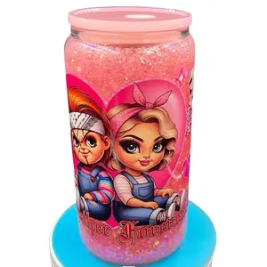 16 oz Snow Globe Cup with Glitter Design Featuring Chucky & Tiffany Characters Tumbler Glass Straw