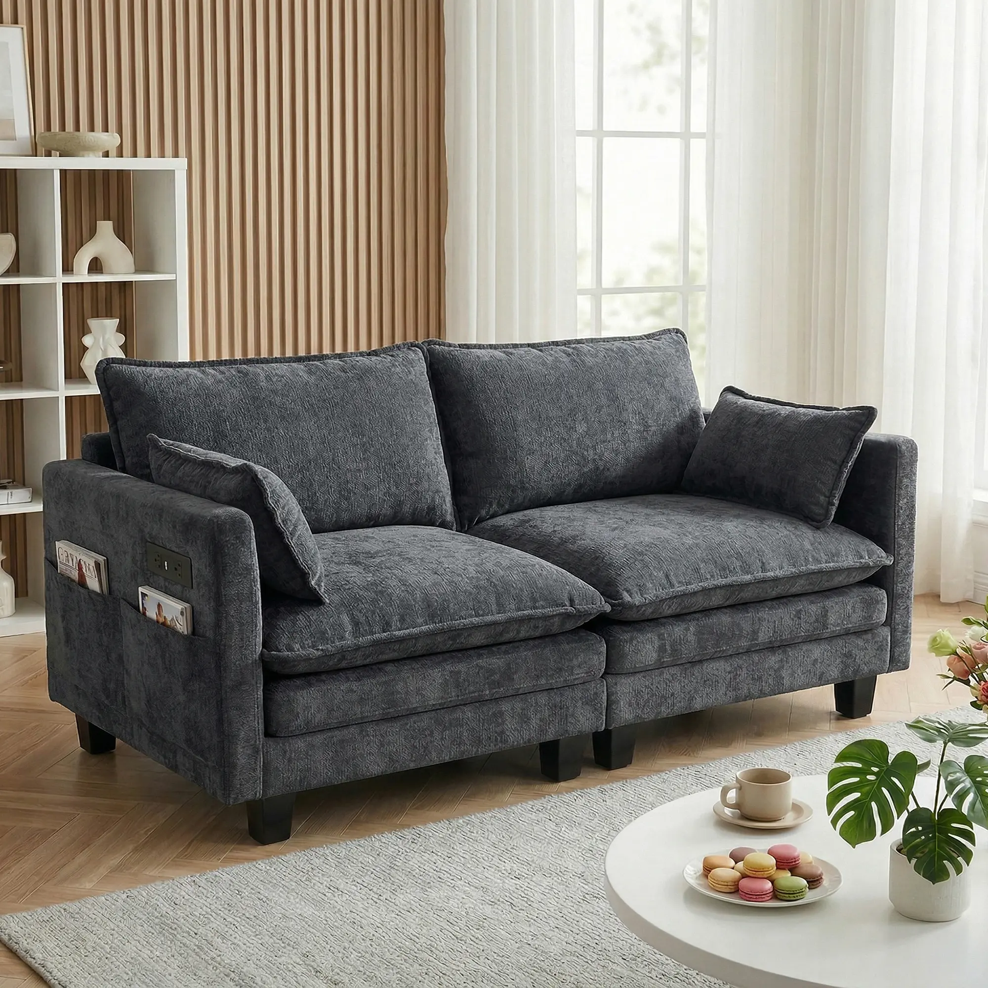 Eyisean 74.8" Chenille Fluffy Cloud Loveseat Sofa - 2-Seater Fixed Arms Modern Small Space Smart Furniture, Comfy Couch with USB Ports, Side Pocket, Double Layer Upholstered Deep Seat, Pillows, Solid Frame, Easy Assembly for Living Room