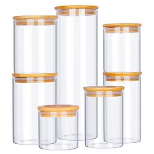 Glass Food Storage Jars, 7 Pack Kitchen Containers with Airtight Bamboo Wooden Lids for Pasta, Cookies, Nuts, Coffee Beans, Cereal, Canisters Set for Flour, Pantry Organization, BPA Free