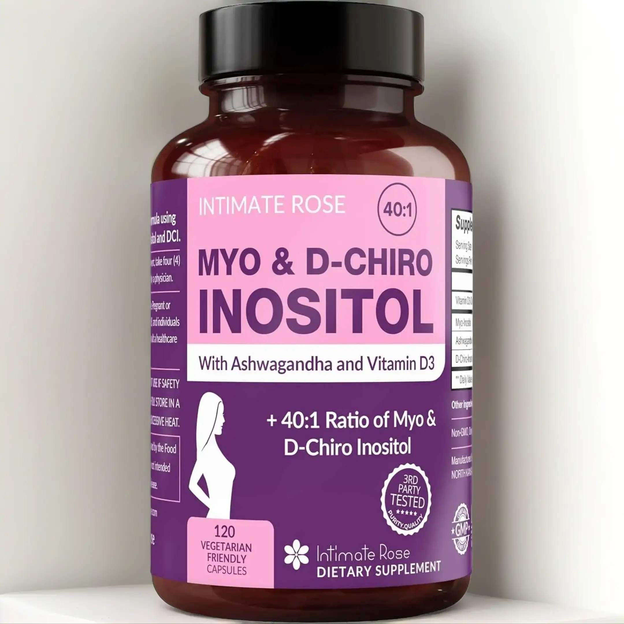 Intimate Rose Myo-Inositol Dietary Supplement with Ashwagandha, Vitamin D - Gluten-Free, PCOS Support, Acne Treatment, Stress Relief, Infertility Support, Unwanted Hair Growth Aid - 120 Capsules, Vegetarian