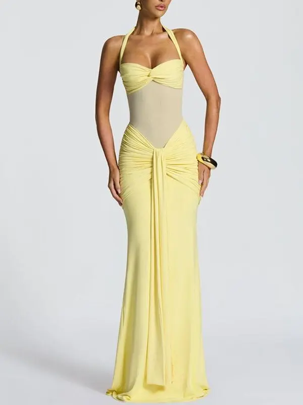 2026 New Halter Neck Tie Mesh Patchwork Long Dress with Ribbons, European and American Style Dress