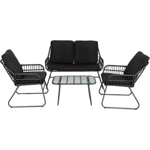 4 Pieces Outdoor Furniture Set with Loveseat, Coffee Table & Table for Backyard, Deck, and Garden Lounge Spaces - Black