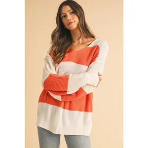 SHEWIN Colorblock V Neck Side Slits Sweater