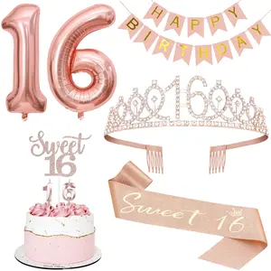 Sweet 16 Party Decorations, Including 16th Tiara and Sash, Happy Birthday Banner, Cake Toppers, Number Candles and Balloons Set, Rose Gold