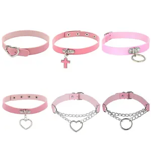 2025 fashion Pink Heart Lock Rivet Choker Necklace PU Leather Punk Rock Collar Bondage Choker Gothic Jewelry Party Necklaces