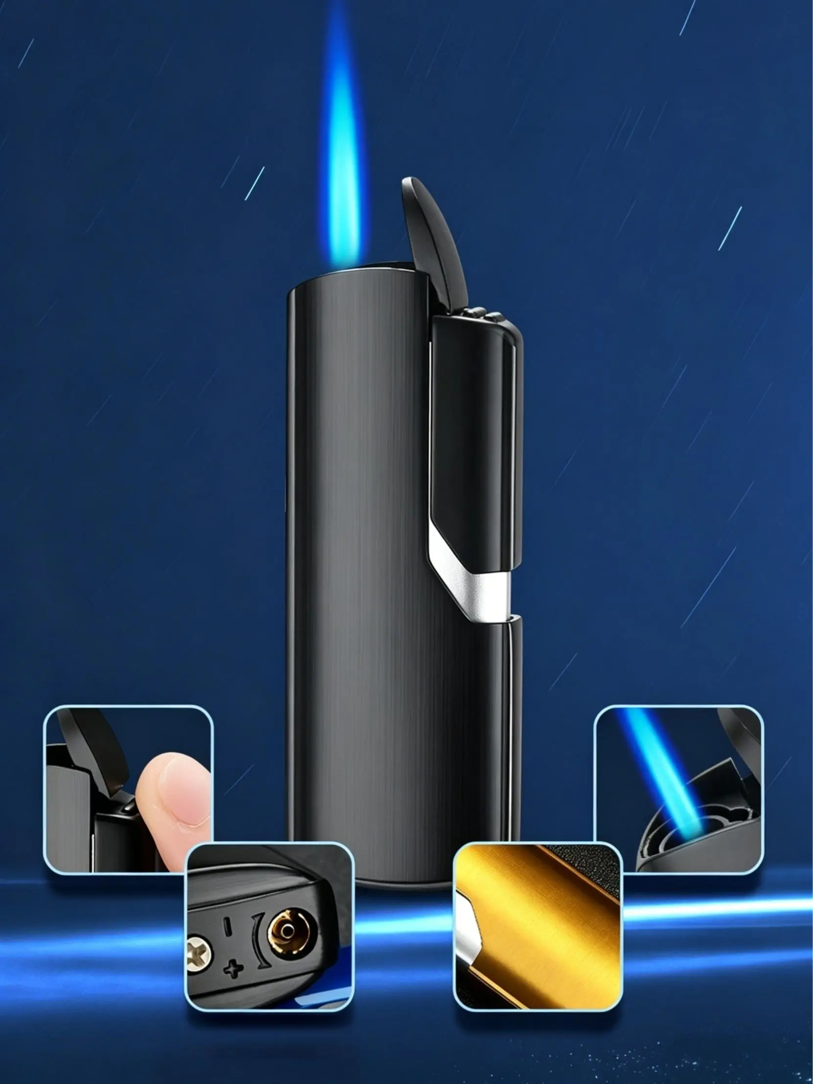 Blue Flame Metal Lighter - Windproof, Refillable Jet Torch - Ideal Gift for Friends Black