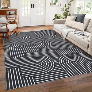 GARVEE Washable Rug 6x9 Area Rugs for Living Room, Abstract Rug for Bedroom, Soft Rainbow Non Slip Throw Rugs with Rubber Back, Low Pile Stain Resistant Boho Geometric Carpet for Dining Room, Black
