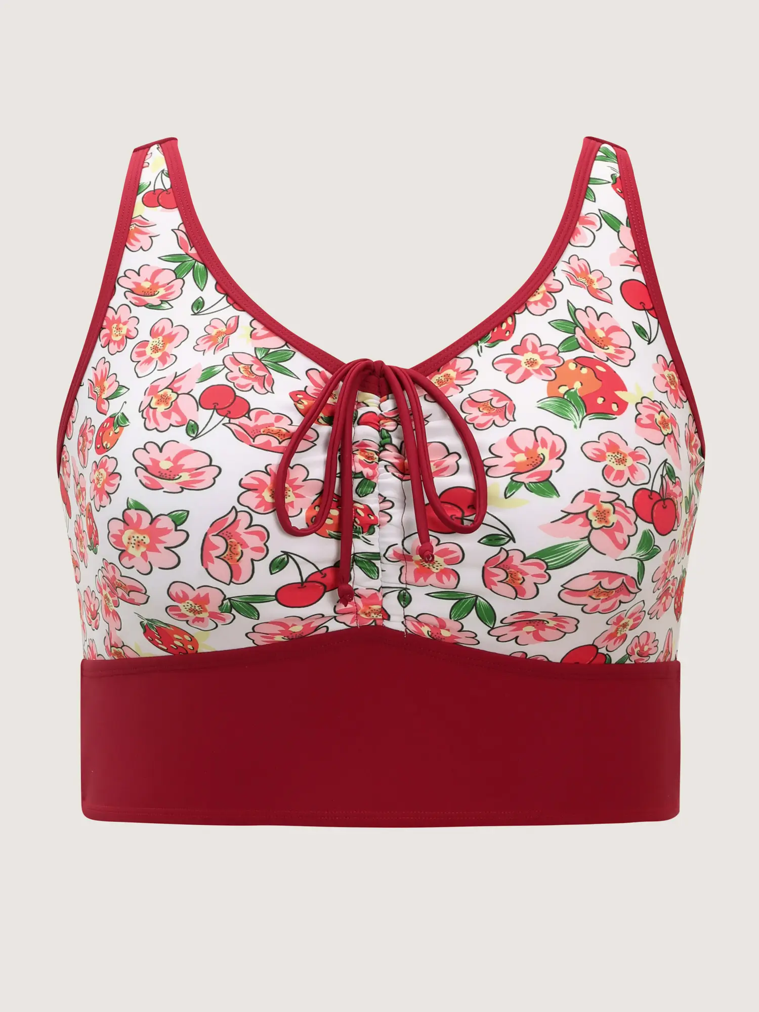 Plus Size Floral Bikini Top with Tummy Control, Skinny Cut Resort Style Beach Wear with Drawstring Front & Removable Pads, Floral Swimsuit, Mom, Female, Adjustable, Full, Chlorine Resistant, Removable Cups