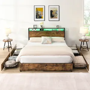Full/Queen Bed Frame with Storage Headboard with Charging Station, Metal Platform Bed with 4 Drawers, Solid and Stable, Noise Free, No Box Spring Needed, Easy Assembly, Black+Brown