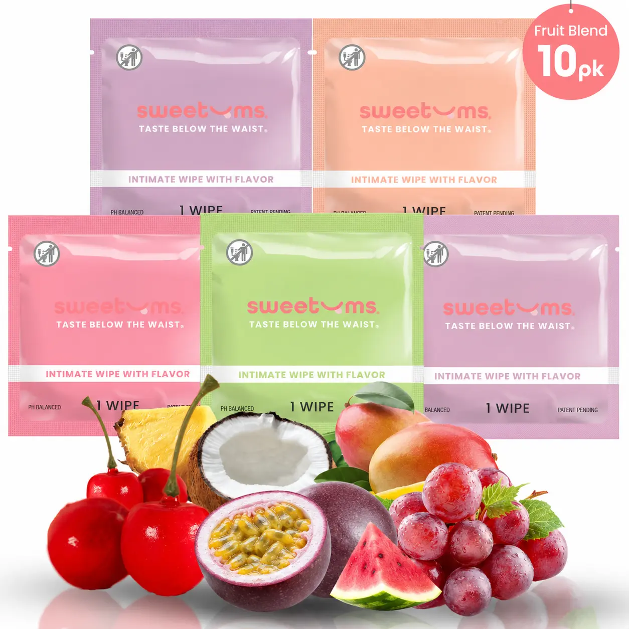 SWEETUMS Fruit Flavored Wipes Sample Pack Feminine Wipes - 10 Wipes per Box - Scented, pH Balanced, Gynecologist Tested, Dermatologist Tested - Passion Fruit Watermelon Mango Cherry and Grape Wipes with Essence Scent and Flavor