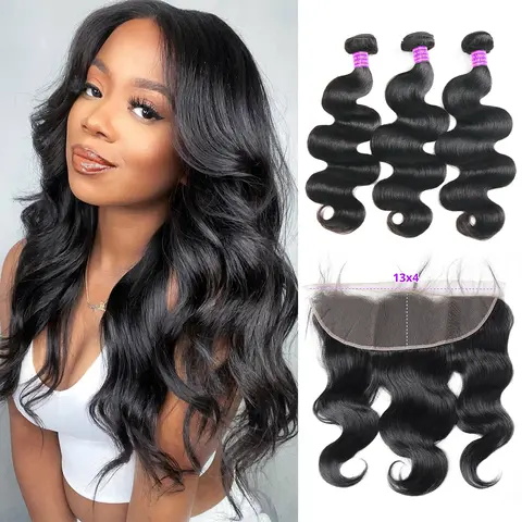 13x4 Swiss Lace Frontal Weft Hair Extensions - Remy Bundles, Free Part, Dye-Bleach Ready Body Wave Black Closure Pieces