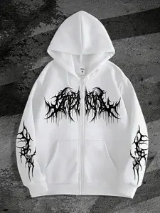 Men's Gothic Dark Style Printed Zip Hoodie, Sweatshirts, Casual Streetwear Fashion, Long Sleeve, Loose-Fitting, Fall & Winter, Perfect Choice