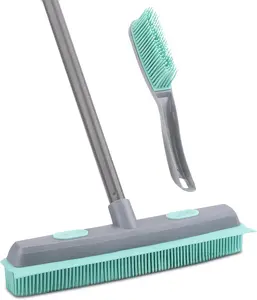 Rubber Broom Carpet Rake for Pet Hair, Fur Remover Broom with Squeegee, Portable Detailing Lint Remover Brush (Iron Handle)