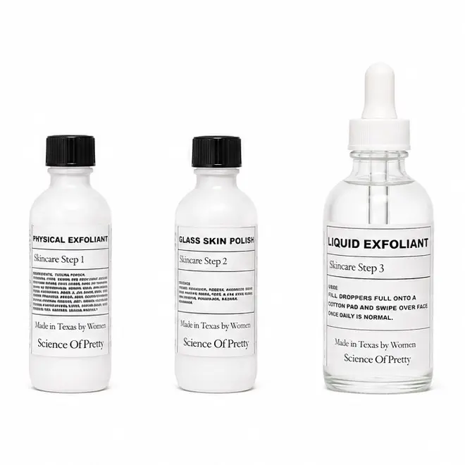 3-Step Exfoliation Series | Science of Pretty | Physical Exfoliant, Glass Skin Polish & Glycolic Acid Toner