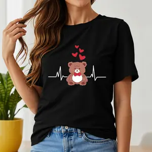Cute Bear With Hearts And Heartbeat Pattern Women's T-Shirt Valentine's Day Gift For Her Spring Summer Wear Perfect For Lovers And Romantic Occasions