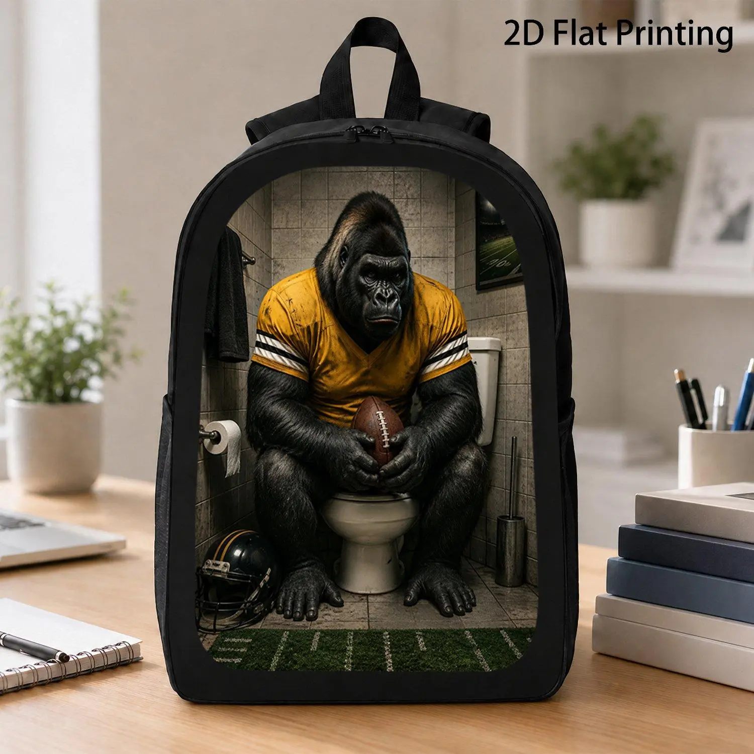 [17 Inch Backpack] 1pc Goofy Gorilla Wearing Football Jersey On Toilet Holding Rugby Ball Print Backpack Viral Meme Sports Animal Backpack For Travel Laptop Storage And School