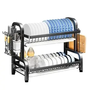 Dish Drying Rack 2-Tier Compact Kitchen Organiser Dish Rack Drainboard Set Large Rust-Proof Dish Drainer with Utensil Holder