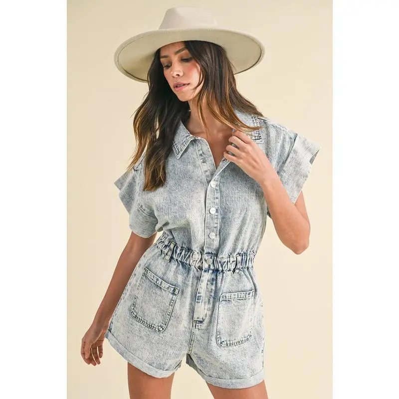 Annie Wear Elastic Waistband Short Sleeve Jeans Bodysuit