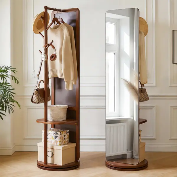 Bellemave Elegant Freestanding Solid Wood 360-Degree Rotating Full-Length Glass Mirror, with Hanging Clothes Rack and Storage Shelf, for Bedroom, Home Decor
