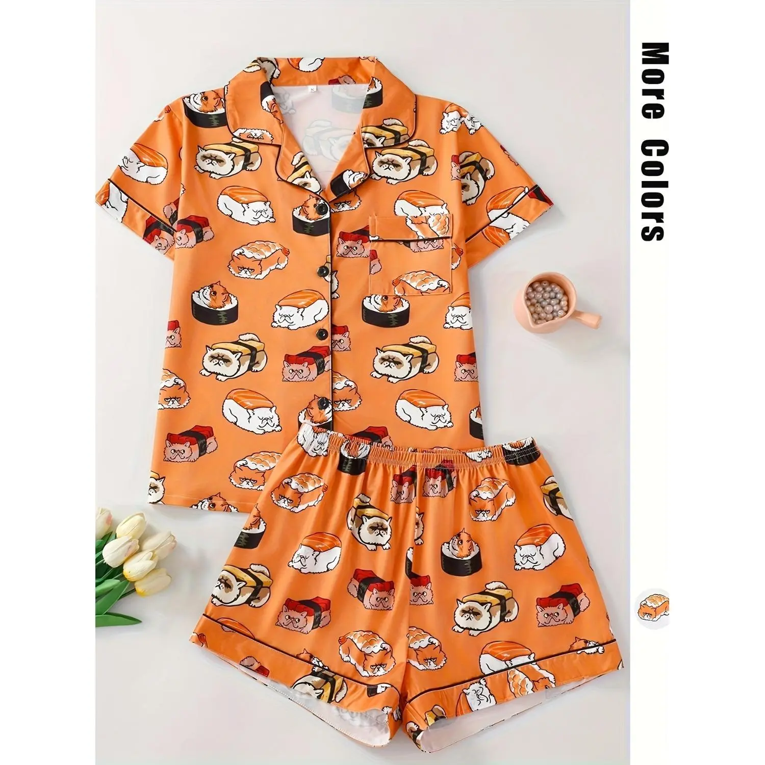 2pcs Women's Cartoon Sushi Cat Print Pajama Set - Lapel Button-Up Short Sleeve Top & Elastic Waist Comfortable Shorts, Casual Loungewear Set