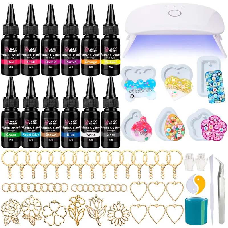 LET'S RESIN Beginner Keychain Making Kit - 12 Colors 20g UV Resin, 12W UV Lamp, 6 Silicone Molds, 6-style Flower & Heart Open Bezels, Jewelry Making Supplies, DIY Crafts Hobbies Kit for Adults