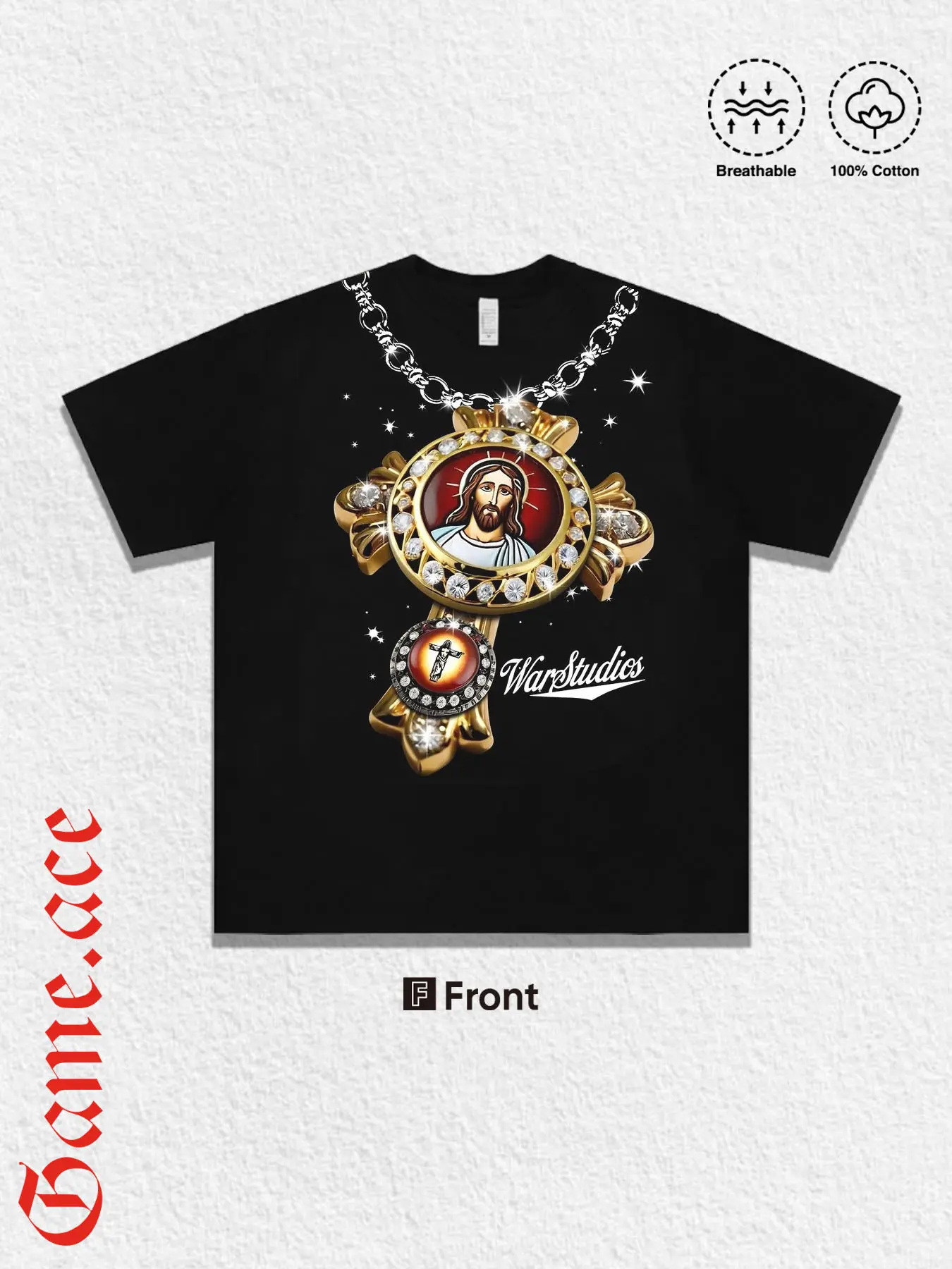 1 PCS Bling Gold Diamond Cross Jesus Portrait Chain 3D Vintage Graphic Print, War Studios Y2K Hip Hop Religious Streetwear Tee, Soft Breathable Unisex Top For Urban Rap Fans Daily Casual Outfit