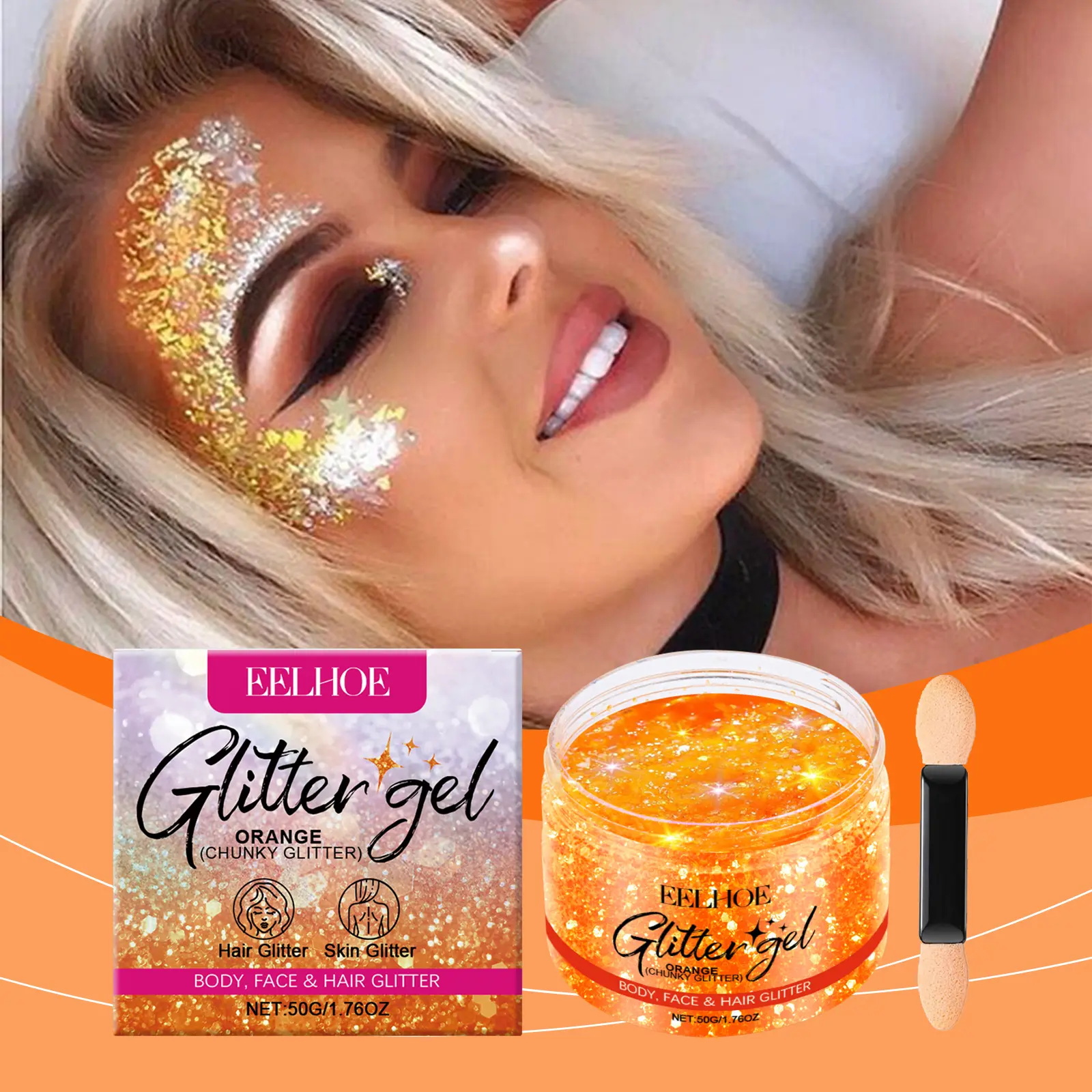 EELHOE Orange Glitter Glitter Gel, Facial Body Collarbone Hair Evening Party Festive Bash Brightening Glitter