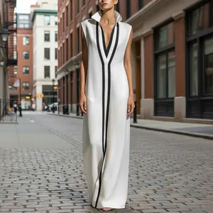Women's V-Neck Color-Block Sleeveless A-Line Maxi Dress