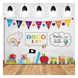 2D Flat Banner Welcome Online Teaching Background, Brick Wall Photo Backdrop for Home Learning, Studio Photography Prop