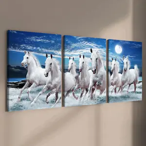 3 Counts Wooden Framed Canvas Painting, Galloping White Horses Under Moonlight, Exquisite Poster, Perfect Living Room Decoration, Home Bedroom Decor, Modern Art, Fashion Family Poster, Wall Art Decoration, Waterproof Art, Art Prints